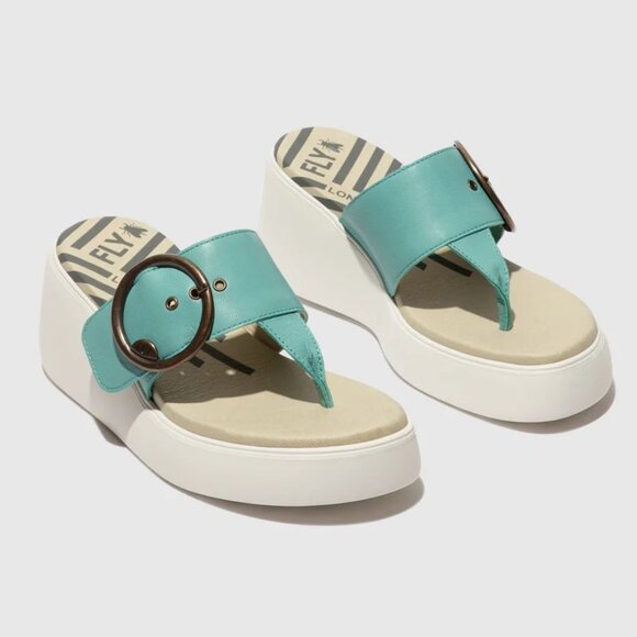 FLY LONDON Dafi SANDALS EU 41 10 10.5 Platform Wedge Thong Turquoise Leather NEW - Picture 2 of 15